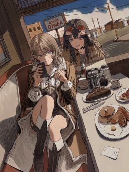 Rule 34 | 2girls, absurdres, black boots, black gloves, black hair, black shorts, blonde hair, blue eyes, blue sky, boots, brown coat, brown jacket, cellphone, closed mouth, cloud, cloudy sky, coat, commentary, cup, day, dutch angle, english text, expressionless, eyewear on head, fingerless gloves, food, fork, gloves, gold can, grey eyes, grey shirt, hands up, highres, holding, holding phone, indoors, jacket, ketchup bottle, knee up, knife, lamppost, layered sleeves, long hair, long sleeves, looking at another, looking at phone, looking through window, medium hair, multiple girls, on bench, open clothes, open coat, open jacket, open mouth, original, pancake, pancake stack, parted bangs, phone, power lines, reclining, red-tinted eyewear, restaurant, round eyewear, shirt, short shorts, shorts, sign, sky, slice of life, smartphone, smile, steak, straight hair, table, teacup, tinted eyewear, untranslatable commentary, white shirt