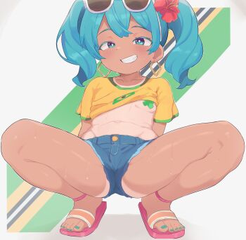 1girl aged_down blue_eyes blue_hair blue_nails brazilian_miku clothes_lift cross cross_pasties dallei denim denim_shorts earrings eyewear_on_head flip-flops flower green_toenails grin hair_flower hair_ornament hatsune_miku highres jewelry loli mesugaki nail_polish navel pasties sandals shirt shirt_lift short_shorts shorts smile solo spread_legs squatting stomach sunglasses tan tanline toenail_polish toenails toes twintails vocaloid yellow_shirt