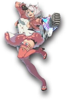 1girl 3d arc_system_works bike_shorts_under_skirt black_gloves blue_eyes breasts elphelt_valentine fingerless_gloves full_body gloves green_eyes guilty_gear guilty_gear_strive gun jacket large_breasts microphone official_art pink_jacket short_hair sideboob thick_thighs thighs weapon white_hair