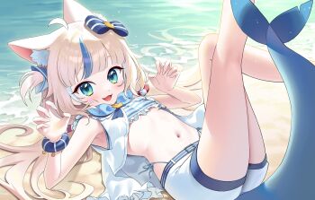 Rule 34 | 1girl, absurdres, ahoge, animal ear fluff, animal ears, beach, blonde hair, blue streaks, bow, cat ears, dress, fins, fish girl, fish tail, frilled sailor collar, frills, hair bow, highres, indie virtual youtuber, legs up, long hair, looking at viewer, low twintails, lying, midriff, multicolored hair, navel, on back, one side up, open clothes, open dress, sailor collar, sameko saba, short shorts, shorts, smile, solo, streaked hair, tail, twintails, virtual youtuber, white shorts, yankweo