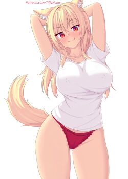 1girl :3 animal_ears arms_behind_head arms_up blonde_hair blush breasts cat_ears cat_girl cat_tail collarbone covered_erect_nipples highres lace lace-trimmed_panties lace_trim large_breasts long_hair looking_at_viewer nottytiffy original panties red_eyes red_panties shirt short_sleeves slit_pupils smile standing tail tiffy_(nottytiffy) tongue tongue_out underwear white_background white_shirt
