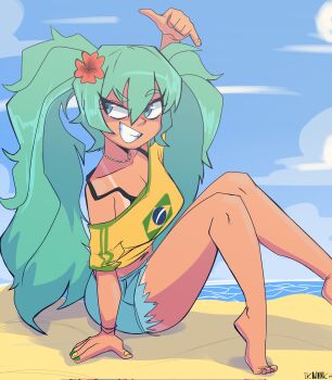 1girl aqua_hair barefoot beach bead_choker beads bikini blue_eyes blue_sky bracelet brazil brazilian_flag brazilian_flag_print brazilian_miku breasts cleavage cloud ekowrosmi flag_print flower green_nails hair_flower hair_ornament hatsune_miku highres jewelry logo long_hair multiple_bracelets nail_polish ocean sand shaka_sign shirt shorts shorts_tan sitting sky smile solo swimsuit tan tanline tanline_peek teeth toned toned_female twintails vocaloid yellow_nails yellow_shirt