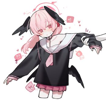 1girl 1other ? @_@ black_shirt black_wings blue_archive blush cropped_legs feathered_wings halo head_wings heart koharu_(blue_archive) long_hair long_sleeves low_wings nagakiras2 neckerchief parted_lips pink_eyes pink_hair pink_halo pink_neckerchief pink_skirt pleated_skirt sailor_collar school_uniform shirt simple_background skirt sleeves_past_wrists solo_focus spoken_heart sweat twintails white_background white_sailor_collar wings