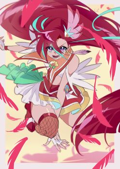 1girl absurdres aqua_hair bare_shoulders boots border bow brooch capelet circle_skirt clothing_cutout cropped_shirt cure_flamingo determined earrings eyelashes feather-trimmed_sleeves feather_earrings feather_hair_ornament feathers fighting fighting_stance fingerless_gloves fishnet_thighhighs fishnets floating_clothes floating_earrings floating_hair frilled_skirt frills full_body gloves green_bow grey_border hair_between_eyes hair_ornament hand_on_ground heart_cutout high_heel_boots high_heels highres jewelry knee_boots layered_skirt long_hair long_hair_between_eyes looking_at_viewer lower_teeth_only magical_girl midriff miniskirt multicolored_hair open_mouth orange_capelet outside_border outstretched_arm pleated_skirt precure purple_eyes red_boots red_hair red_ribbon red_skirt red_thighhighs ribbon shadow shell_brooch shipu_(gassyumaron) shirt short_sleeves shoulder_cutout signature skirt solo streaked_hair swept_bangs takizawa_asuka teeth thighhighs tropical-rouge!_precure tsurime two-tone_hair v-shaped_eyebrows very_long_hair white_gloves white_shirt white_skirt yellow_background