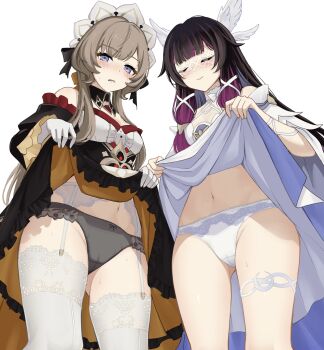 1girl 2girls bare_shoulders black_hair black_panties black_sleeves blue_eyes blush bow bow_panties breasts brown_hair cameltoe closed_eyes clothes_lift columbina_(genshin_impact) commentary_request detached_sleeves dress garter_belt garter_straps gem genshin_impact gloves hair_ornament headdress highres kumori_amemori lifting_own_clothes long_hair long_sleeves looking_at_viewer mask multicolored_hair multiple_girls multiple_wings navel panties purple_hair red_gem ribbon sandrone_(genshin_impact) see-through_clothes see-through_mask shirt_lift short_hair_with_long_locks sweatdrop underwear white_background white_dress white_gloves white_headdress white_mask white_panties white_ribbon white_wings wing_hair_ornament wings x-shaped_eyewear