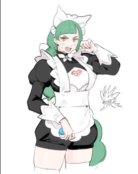 1girl 2025 apron aqua_eyes arm_up artist_name black_romper bow bowtie breasts commentary dragalge ear_piercing english_commentary gen_6_pokemon green_hair hair_bow holding holding_poke_ball lebanne_(pokemon) long_hair long_sleeves maid maid_headdress medium_breasts nervous_sweating nintendo piercing poke_ball pokemon pokemon_(creature) pokemon_legends:_z-a puffy_sleeves red_lips romper simple_background skindentation smile solo standing sweat thighhighs tribute_(tributism) very_long_hair white_background white_bow white_bowtie white_thighhighs yellow_eyes