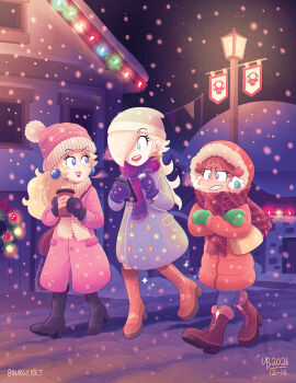 3girls beanie blonde_hair blue_eyes boots brown_hair cellphone clenched_teeth coat cold drink earrings floating flower_earrings full_body gloves grin hair_over_one_eye hat highres holidays hood hood_up jewelry mario_(series) multiple_girls mushroom night nintendo phone princess_daisy princess_peach rosalina scarf sky smile snow snowing super_mario_bros._1 super_mario_galaxy super_mario_land teeth thebourgyman walking