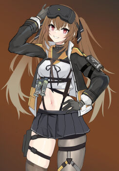1girl :3 adjusting_clothes adjusting_headwear arm_up asymmetrical_legwear black_footwear black_gloves black_jacket black_pantyhose black_ribbon black_skirt black_thighhighs blush bow breasts brown_hair commentary_request cowboy_shot cropped_shirt crossed_bangs double-parted_bangs girls'_frontline girls'_frontline_2:_exilium gloves gradient_background hair_between_eyes hair_bow hand_on_own_hip head-mounted_display highres jacket koenza_botoke lenna_(girls'_frontline_2) long_hair long_sleeves looking_at_viewer medium_breasts midriff miniskirt navel neck_ribbon open_clothes open_jacket open_mouth orange_background pantyhose pleated_skirt red_eyes ribbon sailor_collar shirt sidelocks single_leg_pantyhose single_thighhigh skirt smile solo standing strap teeth thigh_strap thighhighs twintails ump9_(girls'_frontline) very_long_hair white_shirt yellow_sailor_collar