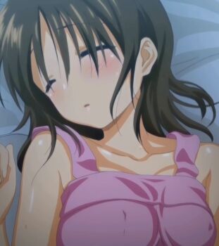 1girl anime_screenshot bed_sheet blush brown_hair closed_eyes green_eyes hetero highres loli night on_bed oyasumi_sex pillow shiny_skin short_hair sleeping sleeping_shirt solo solo_focus stitched third-party_edit tsukioka_yui