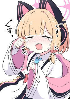 Rule 34 | 1girl, animal ear headphones, animal ears, blonde hair, blue archive, blue necktie, blush, bow, cat ear headphones, cat ears, clenched hands, closed eyes, collared shirt, commentary request, crying, dot nose, facing viewer, fake animal ears, frilled jacket, frills, hair bow, halo, hands up, hayoo ww, headphones, highres, jacket, long sleeves, low-tied sidelocks, medium hair, momoi (blue archive), multicolored jacket, necktie, nose blush, open mouth, paw pose, pink halo, pink jacket, puffy long sleeves, puffy sleeves, red bow, sad, shirt, sidelocks, simple background, sobbing, solo, suspenders, tears, teeth, two-sided fabric, two-sided jacket, upper body, upper teeth only, white background, white shirt, wide sleeves