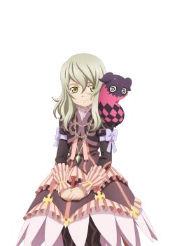 Rule 34 | 1girl, artist request, black boots, blonde hair, boots, bow, closed mouth, commentary, cowboy shot, creature, creature on shoulder, cropped jacket, doll, doll on shoulder, dress, elize lutus, frills, game cg, green eyes, jewelry, looking at viewer, medium hair, official art, on shoulder, own hands together, pendant, purple bow, purple dress, purple ribbon, ribbon, smile, solo, standing, tales of (series), tales of asteria, tales of xillia, teepo (tales), third-party source, transparent background