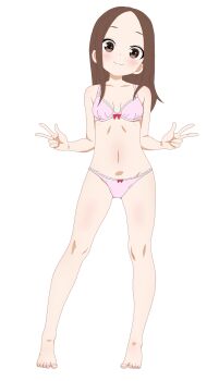 1girl bare_arms bare_shoulders barefoot blush bow bow_bra bow_panties bra breasts brown_eyes brown_hair closed_mouth collarbone double_w feet forehead full_body groin karakai_jouzu_no_takagi-san legs loli long_hair looking_at_viewer navel panties parted_bangs pink_bra pink_panties simple_background small_breasts smile solo standing takagi-san toes underwear underwear_only w warupurugisu white_background