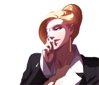 1girl blonde_hair blue_eyes breasts cleavage curvy eyepatch female_focus formal_clothes hair_bun hand_up huge_breasts large_breasts long_hair mature_(kof) pale_skin smile smiley_face suit the_king_of_fighters