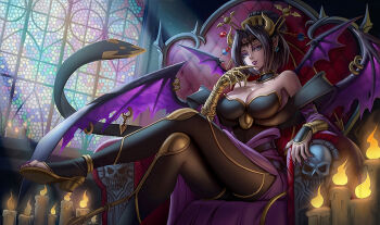 Rule 34 | 1girl, amanda lapalme, candle, demon, demon girl, digimon, digimon (creature), fallen angel, female focus, horns, lilithmon, lipstick, makeup, mark of evil, nail polish, seven great demon lords, sitting, skull, solo, throne, wings