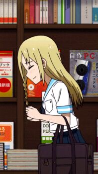 1girl animated animated_gif anime_coloring anime_screenshot bag blonde_hair blue_sailor_collar blue_skirt blush book bookshelf bookshelf_pov braid breast_press breasts brown_bag closed_eyes cropped female_focus hayasaka_ai jumping kaguya-sama_wa_kokurasetai_~tensai-tachi_no_renai_zunousen~ legs long_hair looping_animation midriff miniskirt open_mouth pleated_skirt sailor_collar school_bag school_uniform serafuku sexually_suggestive short_sleeves skirt small_breasts smithee_a._haysaca solo solo_focus stomach thighs white_serafuku