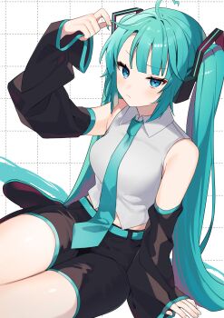 1girl absurdres ahoge aqua_eyes aqua_hair aqua_trim arm_up black_shorts breasts collared_shirt commentary_request detached_sleeves grey_shirt hair_between_eyes hatsune_miku headset heart heart_ahoge highres long_hair long_sleeves medium_breasts shirt short_shorts shorts sitting sleeveless sleeveless_shirt sleeves_past_wrists twintails tyazakura_sayu very_long_hair vocaloid wide_sleeves yokozuwari
