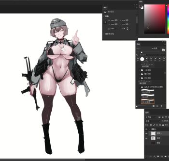 Rule 34 | 1girl, bikini, black bikini, black shoes, black socks, boots, breasts, burety75200, cleavage, epaulettes, full body, gun, hat, highres, holding, holding gun, holding weapon, jacket, kneehighs, large breasts, military hat, military jacket, military uniform, navel, nazi, no pants, original, ribbon, shoes, simple background, socks, soldier, solo, string bikini, swimsuit, weapon, wehrmacht, white background