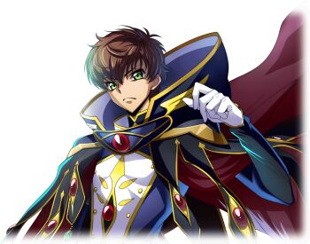 1boy black_cape bodysuit brown_hair cape closed_mouth code_geass code_geass:_lost_stories f4samurai game_cg gloves green_eyes highres kururugi_suzaku multicolored_cape official_art short_hair solo two-sided_cape two-sided_fabric white_gloves