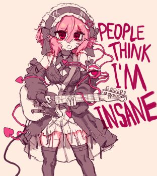 1girl alternate_costume black_thighhighs breasts cleavage detached_sleeves electric_guitar english_text guitar hairband heart heart-shaped_pupils highres holding holding_instrument instrument komeiji_satori pink_hair rampa93 red_eyes short_hair simple_background solo symbol-shaped_pupils thighhighs third_eye touhou