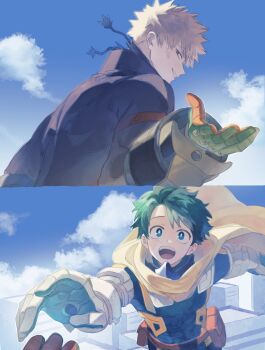 2boys arm_up bakugou_katsuki belt belt_pouch black_shirt boku_no_hero_academia cape cloud commentary_request dmdtmt99 facial_scar gloves green_eyes green_hair highres looking_back male_focus midoriya_izuku multicolored_gloves multiple_boys outstretched_arm outstretched_hand parted_hair pouch red_eyes scar scar_on_cheek scar_on_face shirt short_hair sky smile superhero_costume teeth upper_teeth_only yellow_cape