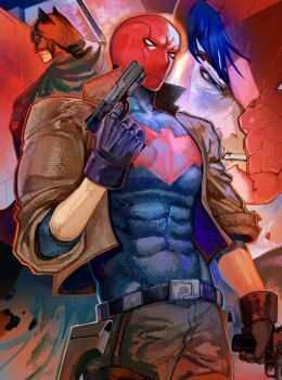 1boy bat_signal batman_(series) batman_symbol black_bodysuit black_gloves black_hair blue_eyes bodysuit bogactivity brown_jacket dc_comics gloves grey_bodysuit highres holding jacket jason_todd male_focus mask multicolored_bodysuit muscular muscular_male open_clothes pants red_hood_(dc) red_hood_and_the_outlaws red_mask short_hair superhero_costume taut_bodysuit two-tone_bodysuit