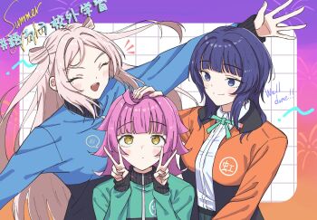 3girls :d ^_^ ahoge asaka_karin blue_eyes blue_hair blue_jacket blunt_bangs blunt_ends border closed_eyes closed_mouth collared_shirt commentary_request double_v english_text expressionless gradient_border green_jacket green_ribbon hand_on_another&#039;s_head hashtag headpat heart highres jacket keitaro_tension kishimen_hair long_hair long_sleeves love_live! love_live!_nijigasaki_high_school_idol_club medium_hair mixed-language_text multiple_girls neck_ribbon nijigasaki_school_uniform nijigasaki_track_jacket open_clothes open_jacket open_mouth orange_border orange_jacket outstretched_arms pink_border pink_hair purple_border ribbon school_uniform shirt smile split_mouth spoken_heart spread_arms tennoji_rina track_jacket two_side_up upper_body v white_background white_shirt yellow_eyes zhong_lanzhu
