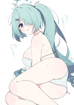 1girl ahoge alternate_costume aqua_hair bikini blue_archive breasts grey_eyes hair_over_one_eye halo highres hiyori_(blue_archive) large_breasts long_hair lying on_side side_ponytail sideboob solo sweat swimsuit tears white_background white_bikini ymm007xx