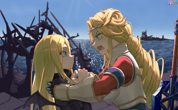 Rule 34 | 2girls, bilingual commentary, black dress, black wings, blonde hair, breasts, commentary, demon girl, demon wings, dress, english commentary, green eyes, highres, iqwe, lakyus alvein dale aindra, large breasts, long hair, looking at another, mixed-language commentary, multiple girls, open mouth, overlord (maruyama), renner theiere chardelon ryle vaiself, spoilers, sword, weapon, wings