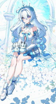 1girl absurdres ahoge bare_shoulders blue_eyes blue_hair breasts character_snowman cleavage commentary_request cutescookie dress gradient_hair high_heels highres honkai_(series) honkai_impact_3rd kiana_kaslana kiana_kaslana_(ba-dum!_fiery_wishing_star) large_breasts looking_at_viewer multicolored_hair official_alternate_costume raiden_mei raiden_mei_(herrscher_of_thunder) smile solo tiara two-tone_hair white_dress white_hair