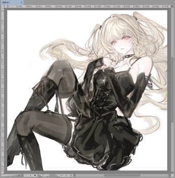 Rule 34 | 8knff, amane misa, art program in frame, bare shoulders, black boots, black choker, black dress, black sleeves, black thighhighs, blonde hair, boots, breasts, choker, cross, cross earrings, cross necklace, death note, detached sleeves, dress, earrings, hair between eyes, hair tie, half updo, hands on own chest, jewelry, long hair, medium breasts, necklace, red eyes, short dress, sketch, sleeves past wrists, spaghetti strap, thighhighs, twintails, white background