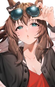 1girl adjusting_eyewear animal_ears aviator_sunglasses black_jacket blue_eyes blush bow breasts brown_hair chikabe cleavage collarbone ear_bow eyewear_on_head green_eyes hair_between_eyes highres horse_ears horse_girl jacket large_breasts long_hair long_sleeves looking_at_viewer maruzensky_(umamusume) parted_lips red_shirt shirt solo sunglasses umamusume