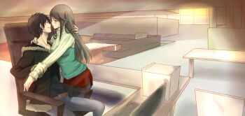 1boy 1girl areki007 black_hair blush brown_eyes brown_hair chair commentary_request computer couple durarara!! hand_on_another's_neck hetero imminent_kiss implied_hetero jacket long_hair monitor orihara_izaya panties pantyhose pencil_skirt ribbed_panties ribbed_sleeves ribbed_sweater ribbed_thighhighs short_hair sitting skirt smile sweater thighhighs turtleneck underwear yagiri_namie