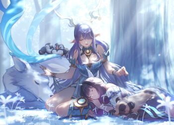 2girls absurdres animal_ears bird black_hair breasts cleavage closed_eyes columbina_(genshin_impact) commentary_request deer earrings genshin_impact grasslands hair_over_one_eye highres horns jewelry lap_pillow large_breasts lauma_(genshin_impact) long_hair lying multicolored_hair multiple_girls open_mouth outdoors pointy_ears purple_hair sarasarasasayo sitting skirt sleeping sunlight tree veil very_long_hair yuri