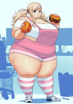 1girl absurdres alternate_body_size aqua_background bare_shoulders belly better-with-salt big_belly blonde_hair blue_eyes breasts burger chair cleavage computer double_chin drooling eden&#039;s_zero fat food full_body hands_up highres holding holding_burger holding_food kneehighs large_breasts long_hair long_sidelocks looking_at_food looking_to_the_side monitor mouth_drool multicolored_socks multiple_monitors obese open_mouth overalls pink_overalls pink_socks rebecca_bluegarden saliva shadow shoes sidelocks silhouette simple_background sneakers socks solo standing striped_clothes striped_socks swivel_chair thick_arms thick_thighs thighs trash_can twintails weight_gain white_shoes