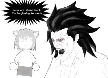 Rule 34 | 1boy, 1girl, :3, angry, animal ear fluff, animal ears, black hair, cat ears, chibi, chibi inset, collared shirt, english text, fangs, hair slicked back, it's morbin' time (meme), marvel, meme, michael roa valdamjong, monochrome, morbius (movie), neco-arc, nervous sweating, open clothes, open mouth, open shirt, pectorals, red eyes, sharp teeth, shirt, short hair, sketch, smol art, sony's spider-man universe, spider-man (series), sweat, sweater, teeth, tsukihime, tsukihime (remake), turtleneck, turtleneck sweater, vampire, white shirt