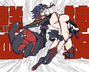1girl black_hair black_sailor_collar breasts chinese_text commentary_request gloves imamura_ryou kill_la_kill large_breasts matoi_ryuuko multicolored_hair red_hair revealing_clothes sailor_collar senketsu simple_background tagme translation_request two-tone_hair