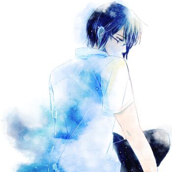 1boy arm_support black_hair black_pants boku_dake_ga_inai_machi commentary_request dress_shirt from_behind fujinuma_satoru glasses light_particles male_focus pants profile rimless_eyewear shirt short_hair short_sleeves sitting solo tkj_(0_x_x) turning_head white_shirt