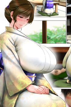 1boy 1girl ass black_hair blurry blush breasts brown_eyes brown_hair faceless faceless_male floral_print floral_print_kimono highres huge_breasts japanese_clothes kimono leaf lips long_sleeves mature_female obi original print_kimono rara8hachi sash short_hair sidelocks sitting smile solo table tatami wariza white_kimono wide_hips wide_sleeves window
