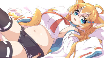 Rule 34 | 1girl, ahoge, animal ear fluff, animal ears, aqua eyes, belly, black skirt, black thighhighs, blue sailor collar, bow, bowtie, breasts, commentary, cowboy shot, cropped shirt, dog ears, dog girl, dog tail, fang, groin, hair between eyes, hair ornament, hairclip, haru (toramaru2001710), jacket, jacket partially removed, large breasts, light blush, long hair, looking at viewer, lying, miniskirt, multicolored hair, navel, on back, open clothes, open jacket, open mouth, orange hair, original, pleated skirt, red bow, red bowtie, red ribbon, ribbon, ribbon-trimmed sleeves, ribbon-trimmed thighhighs, ribbon trim, sailor collar, shirt, side slit, sidelocks, skin fang, skirt, sleeveless, sleeveless shirt, sleeves past fingers, sleeves past wrists, smile, solo, tail, thighhighs, toramaru2001710, two-tone hair, very long hair, white hair, white jacket, white shirt, wide sleeves, x hair ornament, zettai ryouiki