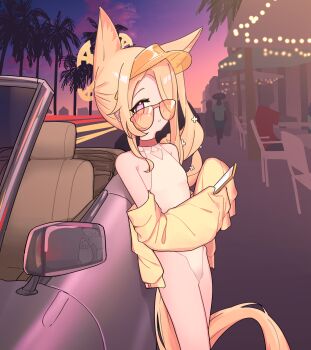 1boy 1girl above-cleavage_cutout absurdres animal_ear_fluff animal_ears bag blonde_hair blue_archive breasts building car cellphone chair closed_mouth clothing_cutout cloud convertible crowd diamond_cutout doodle_sensei_(blue_archive) dusk fox_ears fox_girl hair_over_one_eye halo highleg highleg_one-piece_swimsuit highres holding holding_bag holding_phone jacket jacket_partially_removed leaning_on_object long_hair long_sleeves looking_at_viewer lyrinne motor_vehicle official_alternate_costume official_alternate_hairstyle one-piece_swimsuit orange-tinted_eyewear outdoors palm_tree people phone purple_eyes purple_sky reflection seia_(blue_archive) seia_(swimsuit)_(blue_archive) sensei_(blue_archive) side_ponytail sidewalk sky sleeves_past_wrists small_breasts smartphone solo_focus sunglasses swimsuit tail tinted_eyewear tree urban visor_cap white_one-piece_swimsuit yellow_halo yellow_jacket yellow_visor