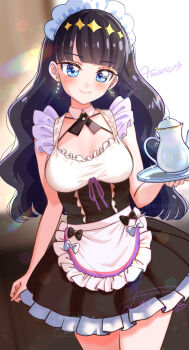 1girl absurdres alternate_costume black_dress black_hair blue_eyes blush breasts collarbone delicious_party_precure dress earrings framed_breasts hair_ornament highres indoors jewelry kakikakilemon kasai_amane long_hair looking_at_viewer maid medium_breasts precure sleeveless sleeveless_dress smile solo teapot tray