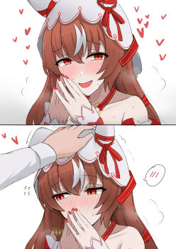 1boy 1girl animal_ears blush hand_on_another&#039;s_head headpat heart horse_ears horse_girl long_hair looking_at_viewer namikare pov red_eyes simple_background smile steam still_in_love_(umamusume) sweat sweatdrop trainer_(umamusume) umamusume yandere