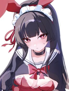 1girl absurdres aida_noa alternate_costume animal_ear_hairband animal_ears black_choker black_hair black_shrug blush breasts chisa_(wuthering_waves) choker cleavage closed_mouth commentary fake_animal_ears hair_ribbon hairband highres leotard long_hair long_sleeves looking_at_viewer maid_headdress medium_breasts neckerchief rabbit_ear_hairband rabbit_ears red_eyes red_leotard red_neckerchief red_ribbon ribbon sailor_collar shrug_(clothing) simple_background solo unfinished upper_body white_background white_sailor_collar wuthering_waves