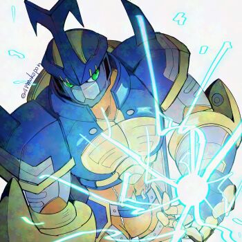 1boy 48mokopon armor blitzmon blue_armor blue_helmet bodysuit commentary digimon digimon_(creature) electricity green_eyes helmet highres orange_bodysuit simple_background solo symbol-only_commentary upper_body white_background