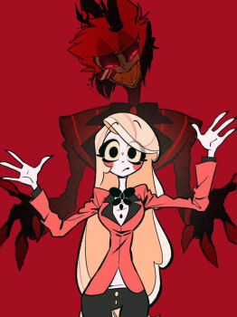 Rule 34 | 1boy, 1girl, alastor (hazbin hotel), black hair, blonde hair, charlie morningstar, colored sclera, commentary request, evil grin, evil smile, formal clothes, grin, hazbin hotel, height difference, hellaverse, highres, long hair, monocle, red background, red eyes, red sclera, short hair, simple background, smile, suit, torikago 0226, yellow sclera