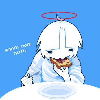 1girl :3 absurdres ahoge angel blue_background bread bread_slice chewchewer closed_mouth colored_skin commentary detached_ahoge dress eating food halo highres holding holding_food long_sleeves looking_at_viewer marmalade microsoft_paint_(medium) nyan_(chewchewer) original plate red_halo short_hair simple_background solo sound_effects symbol-only_commentary table toast white_dress white_hair white_skin