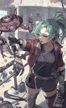 Rule 34 | 1girl, 2others, absurdres, ambiguous gender, asymmetrical legwear, belt, belt pouch, boots, briefcase, cable, commentary, cropped jacket, cyborg, day, earrings, green eyes, green hair, grey hair, hair ornament, hairclip, highres, holding, holding briefcase, ichiyon, index finger raised, jewelry, joints, maintenance, mechanical arms, mismatched legwear, multiple others, open mouth, original, outdoors, ponytail, pouch, robot, robot joints, science fiction, shorts, side part, single thigh boot, single thighhigh, standing, sweatdrop, thigh boots, thighhighs