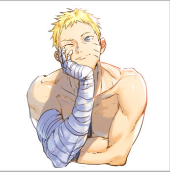 Rule 34 | 1boy, bandaged arm, bandaged hand, bandages, blonde hair, blue eyes, boruto: naruto next generations, closed mouth, collarbone, commentary request, cropped torso, facial mark, hand on own face, hikarusorano, looking at viewer, male focus, naruto (series), nude, one eye closed, short hair, simple background, solo, uzumaki naruto, very short hair, whisker markings, white background