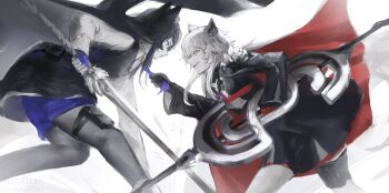 2girls absurdres animal_ears arknights black_gloves black_hair black_jacket black_pantyhose black_vest blue_gloves blue_necktie blue_shorts cape closed_mouth commentary feet_out_of_frame fingerless_gloves fuyutsuki11 gloves grey_eyes highres holding holding_sword holding_weapon jacket lappland_(arknights) lappland_the_decadenza_(arknights) long_sleeves looking_at_another multiple_girls necktie pantyhose parted_lips red_cape red_gloves scar scar_across_eye scar_on_face shirt short_shorts shorts simple_background sword texas_(arknights) texas_the_omertosa_(arknights) vest weapon white_background white_hair white_shirt wolf_girl