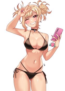 bare_shoulders bikini blonde_hair boku_no_hero_academia breasts cellphone choker collarbone contact_lens double_bun ear_piercing earrings hair_bun highres holding holding_phone jewelry kitagawa_marin large_breasts nail_polish navel one_eye_closed phone piercing pink_eyes ring simple_background smartphone smile solo sono_bisque_doll_wa_koi_wo_suru swimsuit thighs toga_himiko unusualpie v